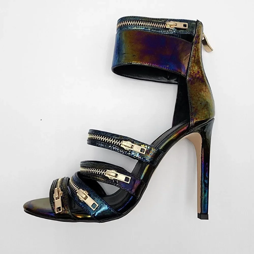 BCBGeneration Casey Strappy Ankle Sandals Open Toe Black Hologram Patent 7.5‎ M